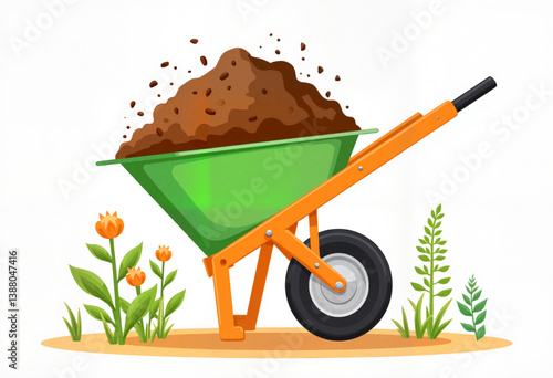 Exaggerated wheelbarrow overflowing with soil in a vibrant garden, gardening joy