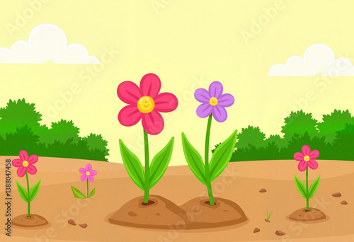 Playful flowers blooming in garden bed, joyful spring vibes