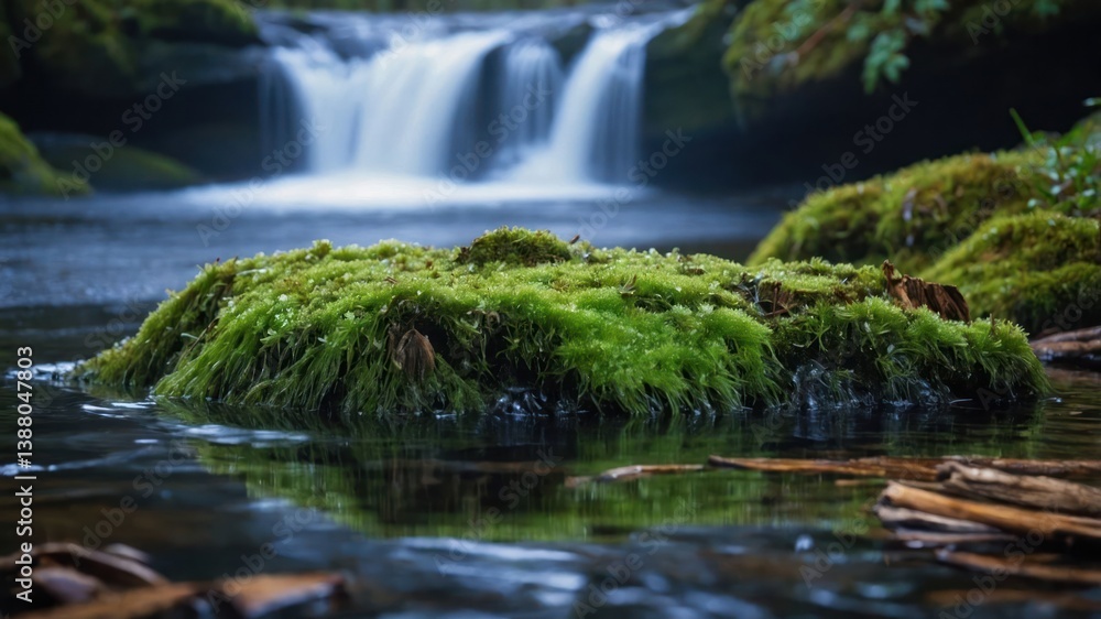 A serene scene of a moss-covered rock in a tranquil stream with a waterfall in the background. A serene scene of a moss-covered rock in a tranquil stream with a waterfall in the background.