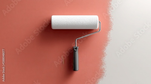 Fototapeta Naklejka Na Ścianę i Meble -  White paint roller brush or repair house wall painter and renovation interior design work tool isolated on clean paper background with creative minimal paintbrush design. 3D.