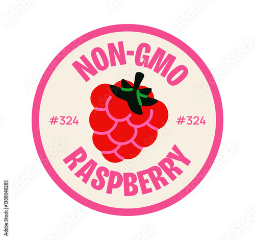 Circular label with red raspberry icon and text Non-GMO Raspberry 324, flat cartoon style on white background, concept of organic fruit labeling. Vector illustration