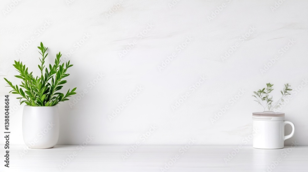 custom made wallpaper toronto digitalTwo small plants sit in simple white containers on a white surface. A larger plant is in a vase, a smaller one in a mug. The background is a minimalist white wall. The image is clean, bright, and ser