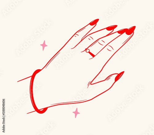 Stylized female hand with red nails, ring, and bracelet in flat cartoon style on light background, representing beauty and fashion. Vector illustration