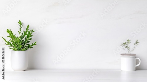 Wallpaper Mural Two small plants sit in simple white containers on a white surface. A larger plant is in a vase, a smaller one in a mug. The background is a minimalist white wall. The image is clean, bright, and ser Torontodigital.ca