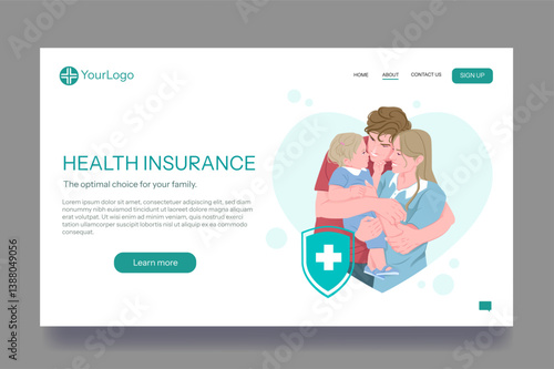 Family hugging with a child, flat cartoon style on a white and blue background, representing health insurance and medical protection. Vector illustration