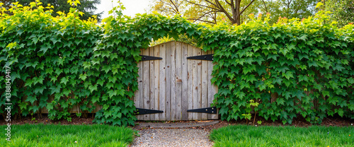 Rustic wooden garden gate covered in lush ivy, enchanting countryside
