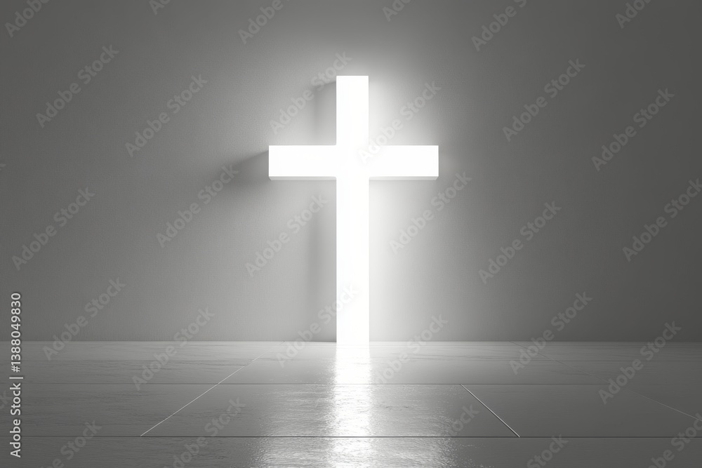 Naklejka premium Minimalist Lighted Cross Illuminating a Wall in a Serene Setting