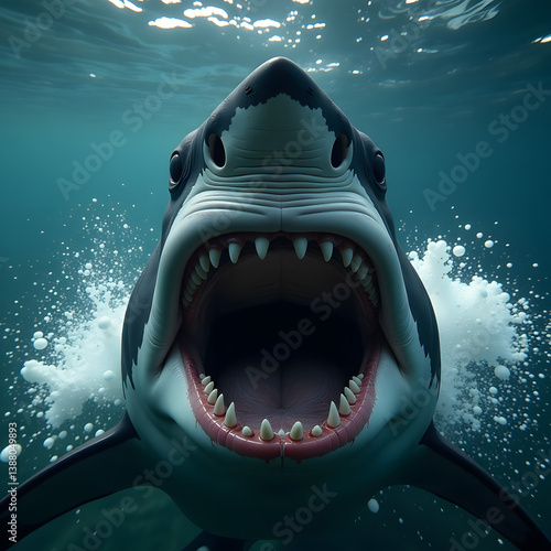 Shark with sharp teeth emerging from sea water, realistic style, ocean background. Concept of marine predator and danger