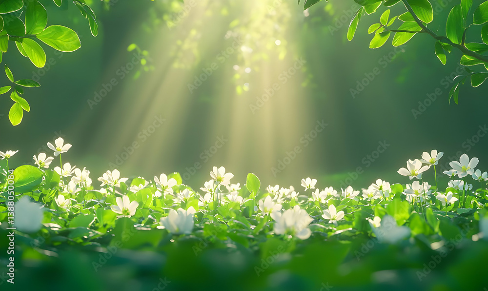 Obraz premium Tranquil Forest Floor Adorned with Blooming White Flowers and Sunlight