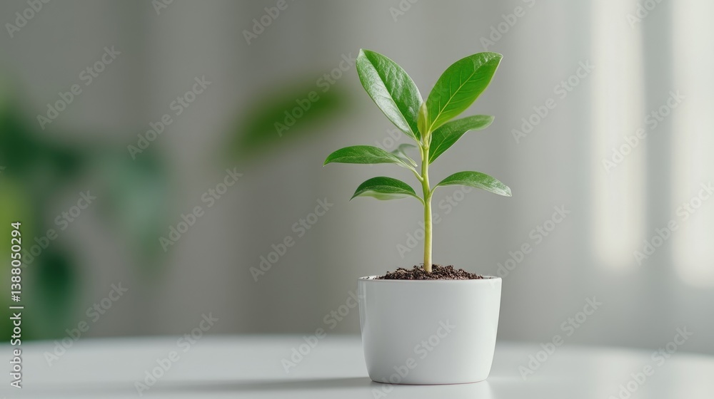 A small plant with vibrant green leaves sits in a simple white pot. The pot rests on a white surface. The background is softly blurred, showing an out-of-focus natural setting. The image is well-lit A small plant with vibrant green leaves sits in a simple white pot. The pot rests on a white surface. The background is softly blurred, showing an out-of-focus natural setting. The image is well-lit