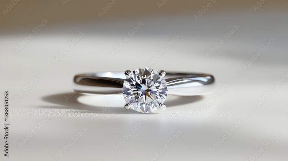 A solitaire diamond engagement ring on a white surface, close-up shot with soft lighting, and elegant and minimalist composition. A solitaire diamond engagement ring on a white surface, close-up shot with soft lighting, and elegant and minimalist composition.