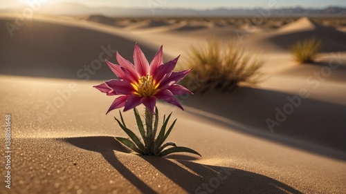 Fototapeta Naklejka Na Ścianę i Meble -  A vibrant pink flower blooms amidst golden sand dunes under soft sunlight.