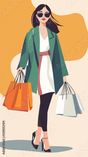 Korean Fashionable Female Model with Shopping Bags in Minimalist Style Vector Illustration