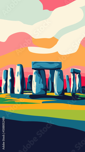 Retro Stonehenge Travel Poster: Minimalist Summer Vacation Art in Vintage Vector Style