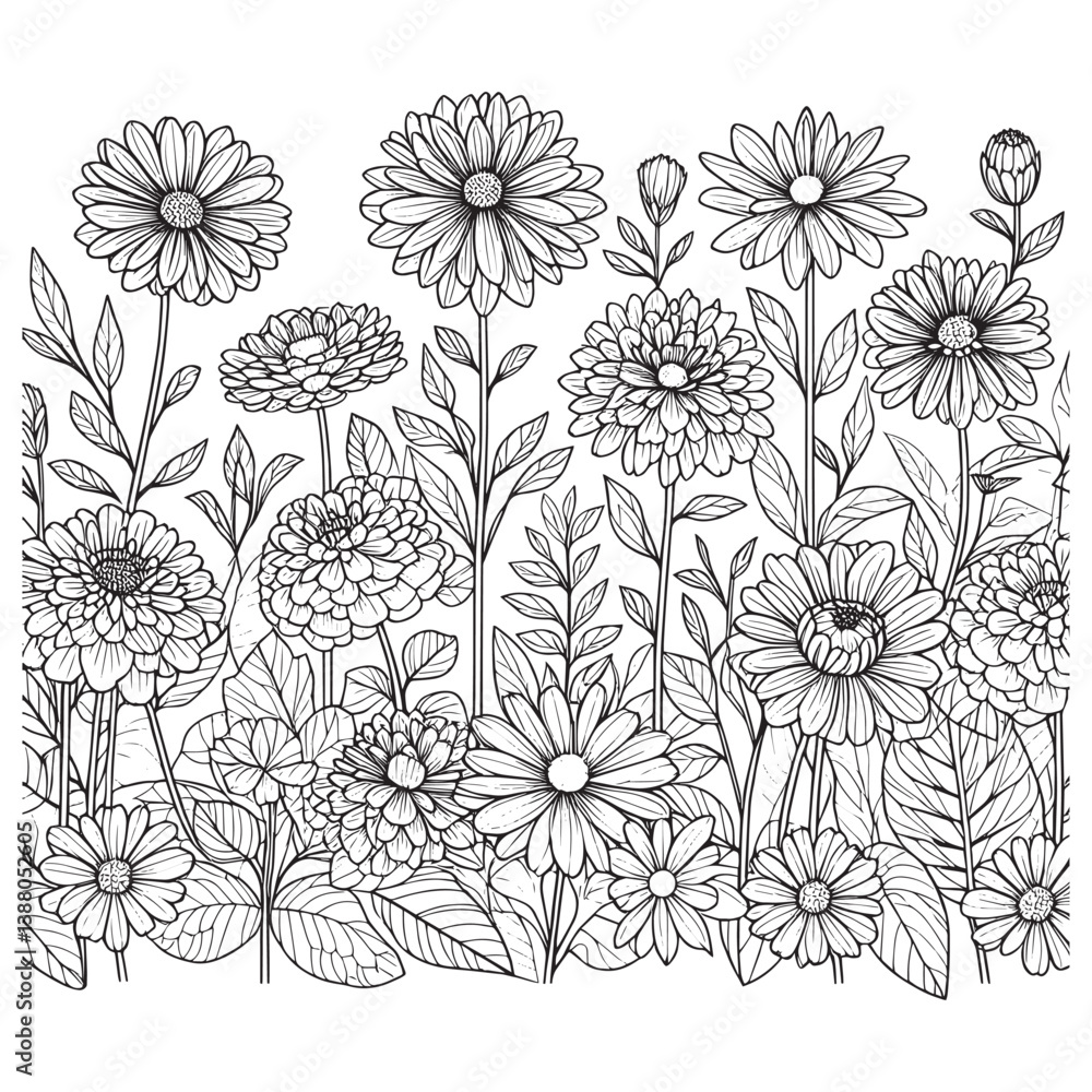 Fototapeta premium Black and white rose flower coloring page. Hand-drawn flowers patterns.