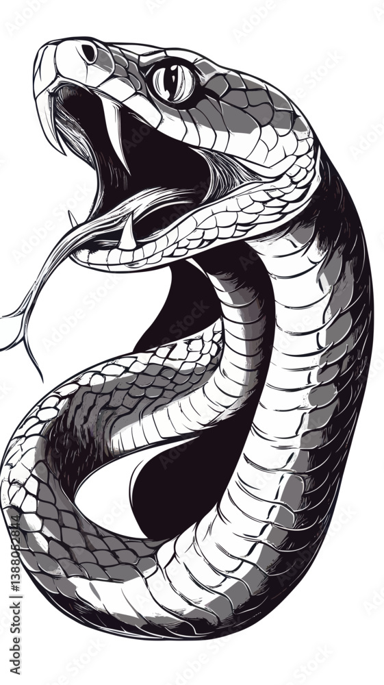 Fototapeta premium Minimalist Black and White Snake Vector with Open Mouth and Tongue for Graphic Design