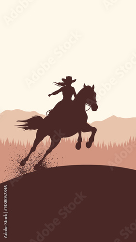 Silhouette of Cowgirl Barrel Racing on Horse in Minimalist Style Vector Art