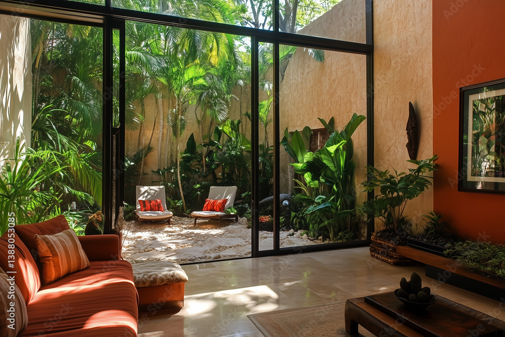 Tropical Courtyard with Lounge Chairs and Glass Doors