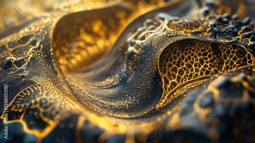 Abstract digital artwork with golden fractal textures and organic flow