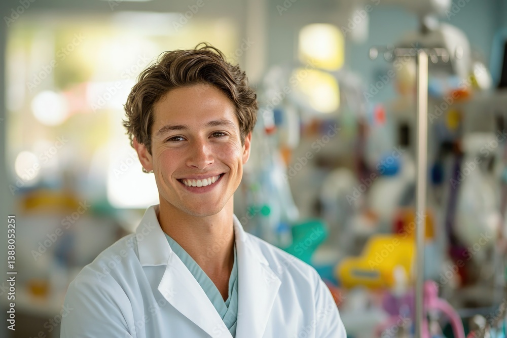 Fototapeta premium gentle portrait of pediatric doctor in white coat smiling warmly in brightly lit hospital room with various colorful