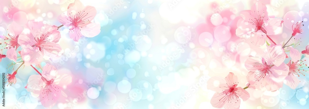 Obraz premium Elegant pastel pink and blue spring banner with blooming cherry blossoms on a white background,