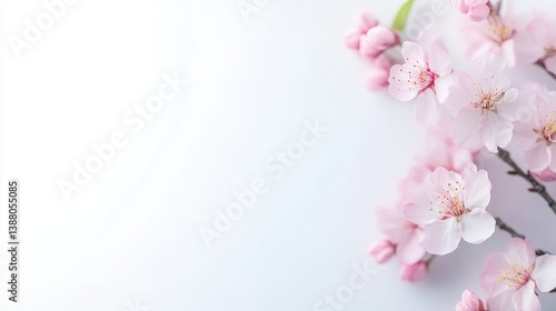 Delicate pink blossoms on a white background.  Soft, spring flowers arranged in a corner, with copy space