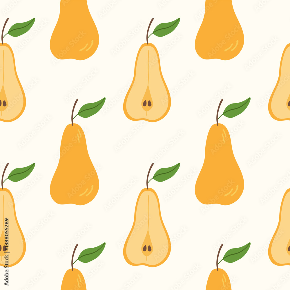 Obraz premium Seamless repeating background with Pear fruits. Hand drawn abstract patterned rapport with punch ball for textile, wrapping, packing, sign, print, paper, logo, card, label. Food, nature and harvest