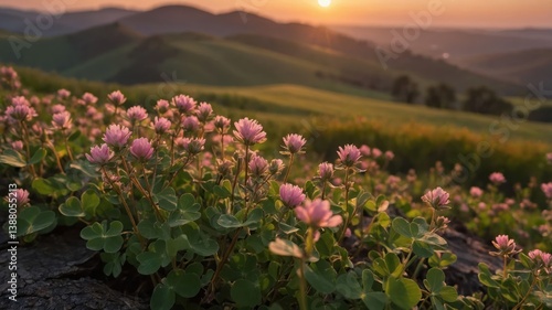 Fototapeta Naklejka Na Ścianę i Meble -  A serene landscape featuring blooming flowers at sunset over rolling hills.
