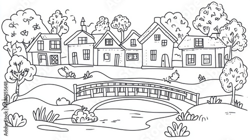 Wallpaper Mural Black and white sketch of village scene with bridge over stream Torontodigital.ca