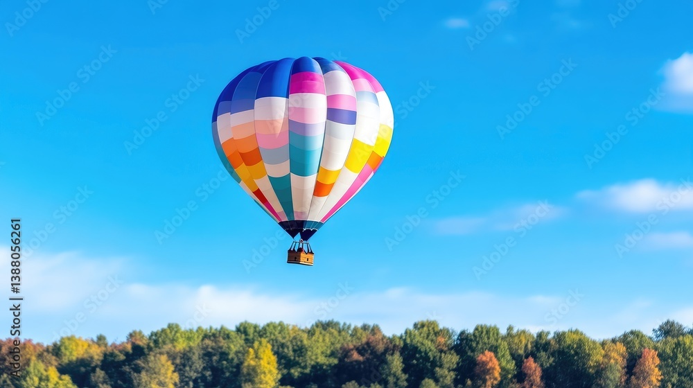 Obraz premium A colorful hot air balloon floating gracefully in the sky above a lush green forest, vibrant autumn foliage, clear blue sky, and serene adventure concept.