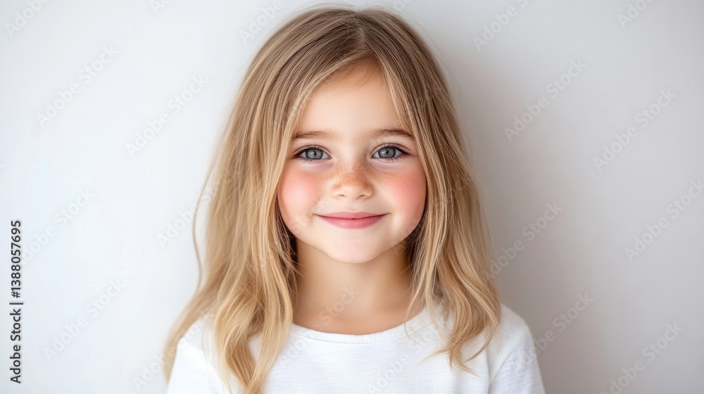 A young girl with long blonde hair smiles gently at the camera. She wears a simple white shirt. The photo is well-lit, high-resolution, and features soft, natural light. The style is candid and heart