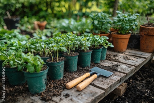 Gardening tools and seedlings arranged on a wooden table outdoors