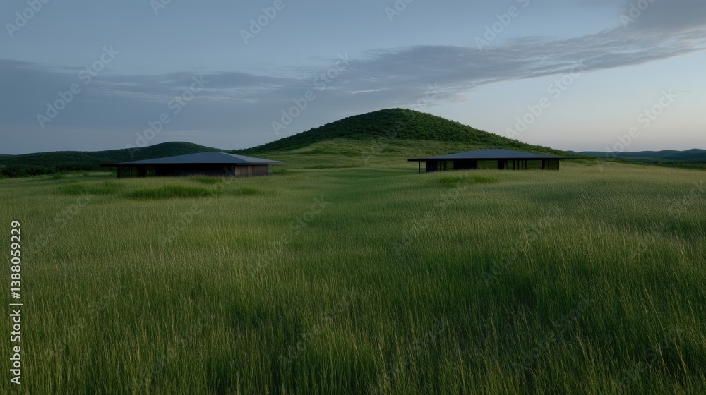 Two modern structures in a grassy field under a partly cloudy sky Two modern structures in a grassy field under a partly cloudy sky