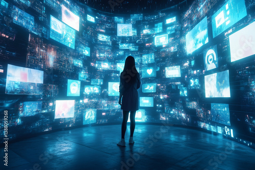 A woman stands in a futuristic room surrounded by massive digital screens displaying social media, videos, emojis, and online content, symbolizing the overwhelming presence of the digital world