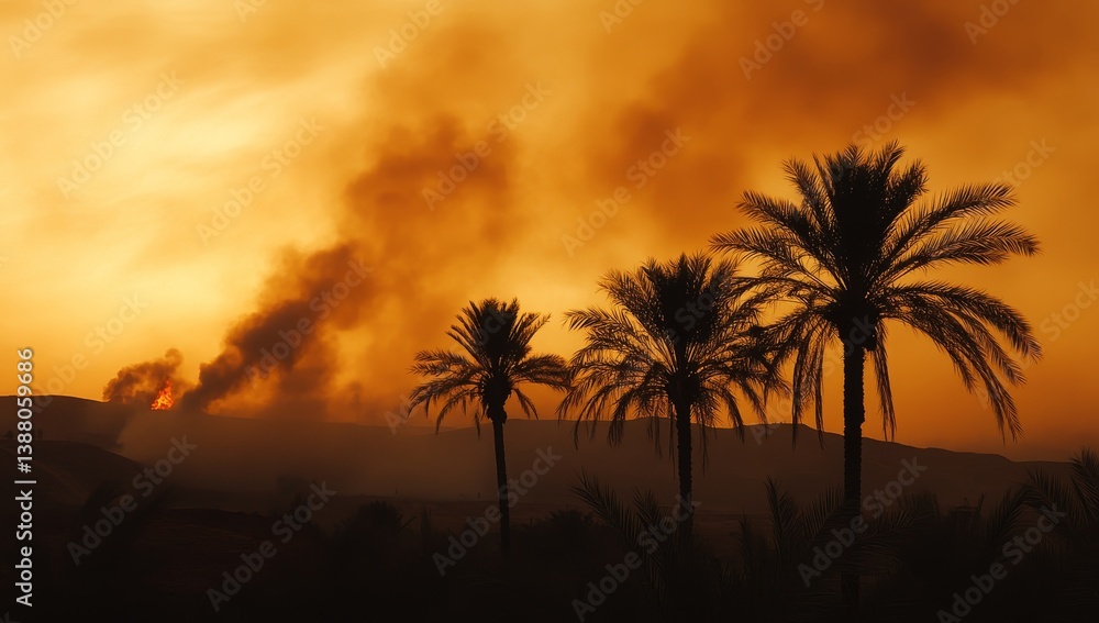 A Desolate Sunset Amidst the Aftermath of a Devastating Wildfire, Silhouetted Palm Trees Witnessing the Fiery Horizon A Desolate Sunset Amidst the Aftermath of a Devastating Wildfire, Silhouetted Palm Trees Witnessing the Fiery Horizon