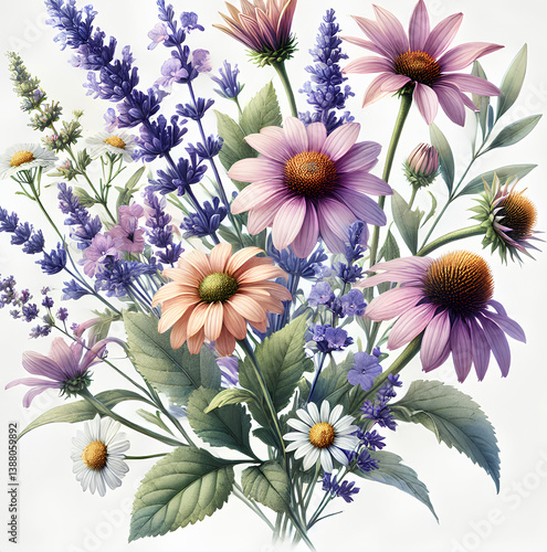 Bouquet of wildflowers with purple coneflowers, lavender, daisies and delicate green foliage on white background, botanical illustration style