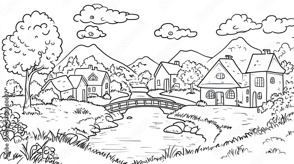 Obraz premium Black and white village landscape drawing, idyllic scene, peaceful countryside