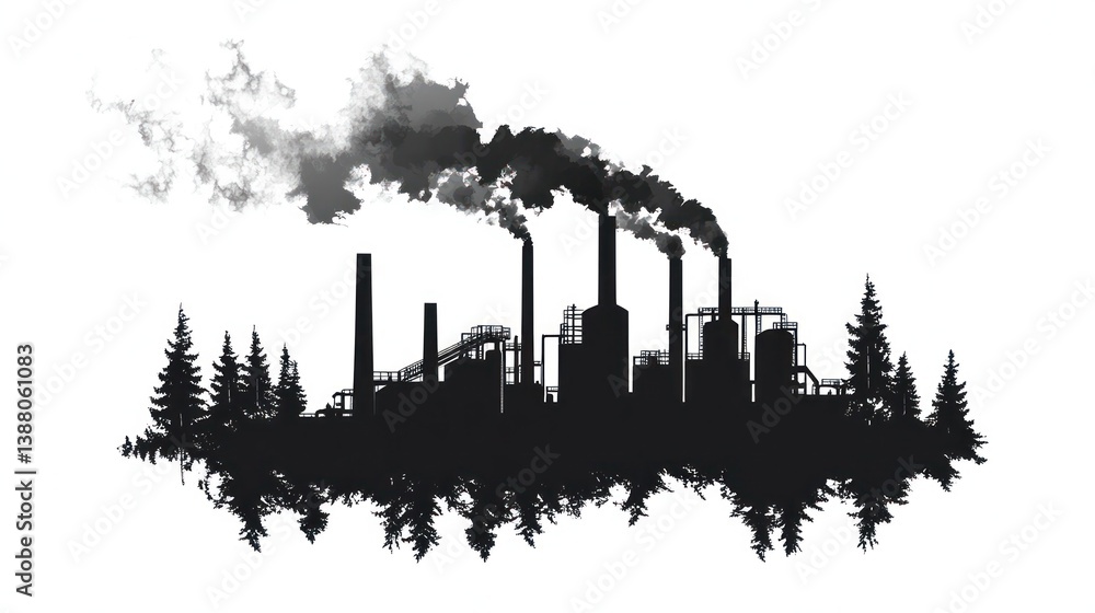Fototapeta premium Industrial Pollution, Forest Silhouette, Environmental Impact, Stock Photo