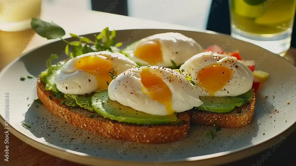 Delicious poached eggs on avocado toast served on a plate with fresh herbs and vegetables Delicious poached eggs on avocado toast served on a plate with fresh herbs and vegetables