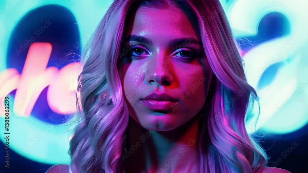 Slow, zoom-in video of a young woman with long, straight, platinum blonde hair, sporting fair skin, amidst vibrant neon signs Slow, zoom-in video of a young woman with long, straight, platinum blonde hair, sporting fair skin, amidst vibrant neon signs