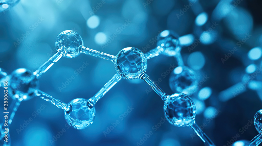 A close up view of a molecule structure with blue background and connected spheres and rods structure A close up view of a molecule structure with blue background and connected spheres and rods structure