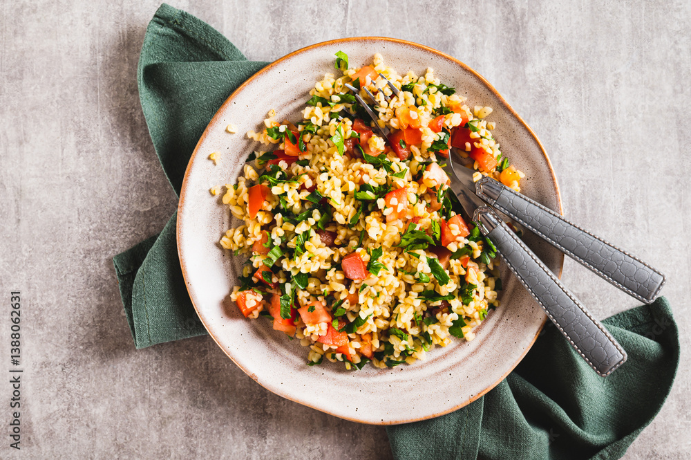 Close up of tabbouleh salad with bulgur, tomato and parsley on a plate on the table top view