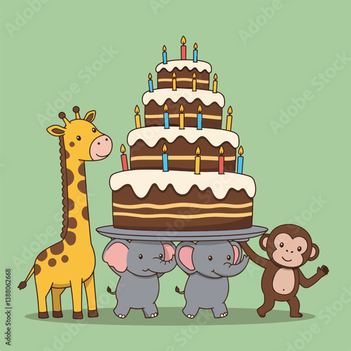 cute animal parade carrying giant birthday cake, fun party celebration flat vector