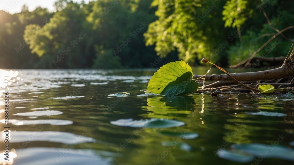 Fototapeta premium A serene river scene with a floating leaf and gentle ripples reflecting sunlight.