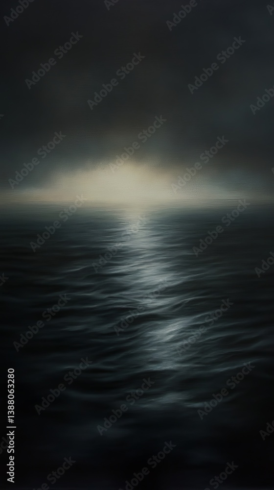 Obraz premium A tranquil seascape at dusk with dark clouds and a soft glow reflecting on the water.