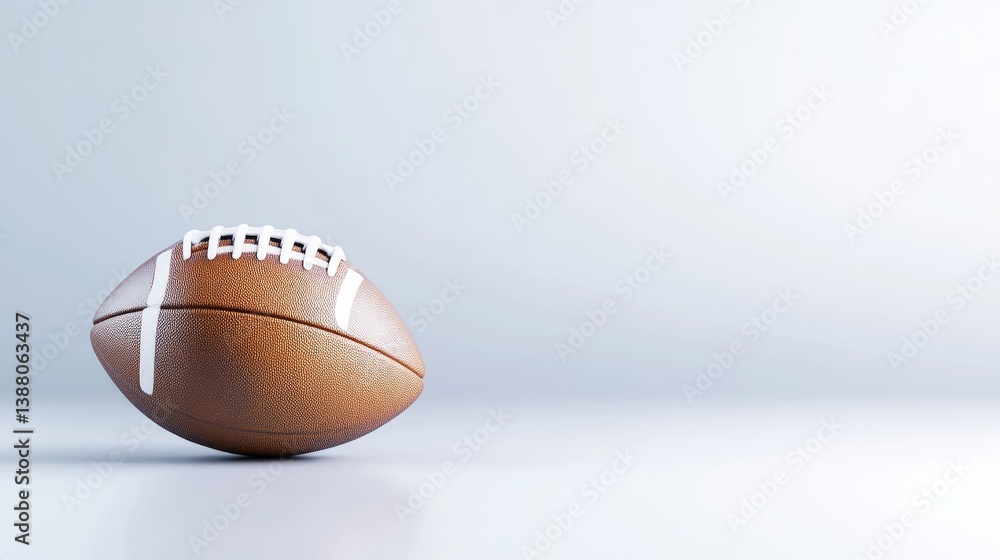 A brown American football with white laces rests on a plain grey surface. The composition is simple, featuring the football in the foreground against a minimalist background. The image is high-qualit A brown American football with white laces rests on a plain grey surface. The composition is simple, featuring the football in the foreground against a minimalist background. The image is high-qualit