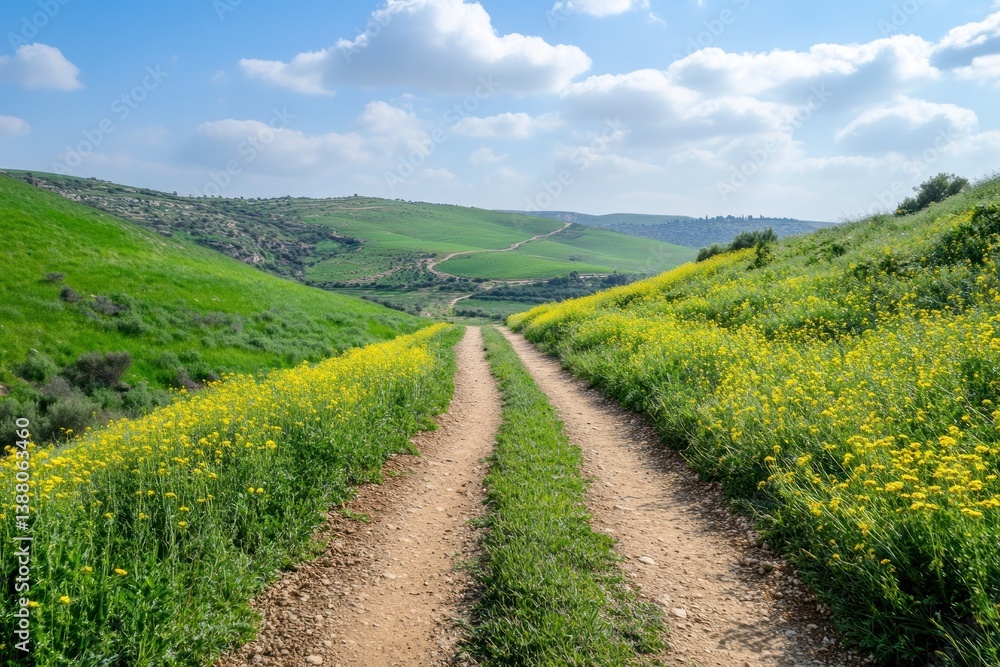 A dirt path leads through a scenic valley of rolling hills A dirt path leads through a scenic valley of rolling hills
