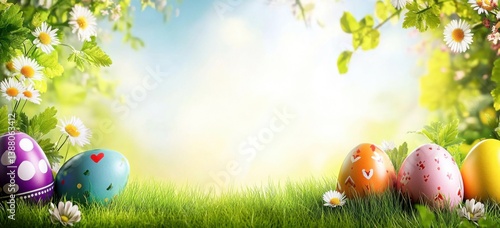 Festive easter eggs on grass with daisies, bright springtime background. Holiday season colorful decorations.