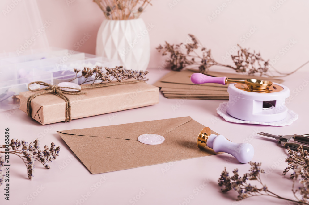 An envelope sealed with wax and a craft kit on the table