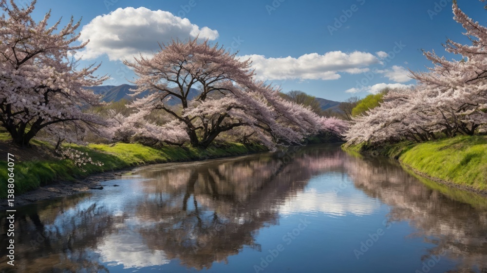 Serene landscape featuring cherry blossom trees reflected in a calm river under a blue sky. Serene landscape featuring cherry blossom trees reflected in a calm river under a blue sky.